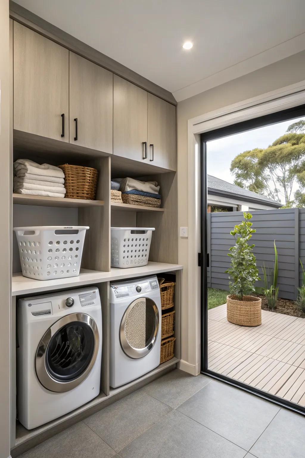 Integrated receptacles offer discreet storage for used laundry.