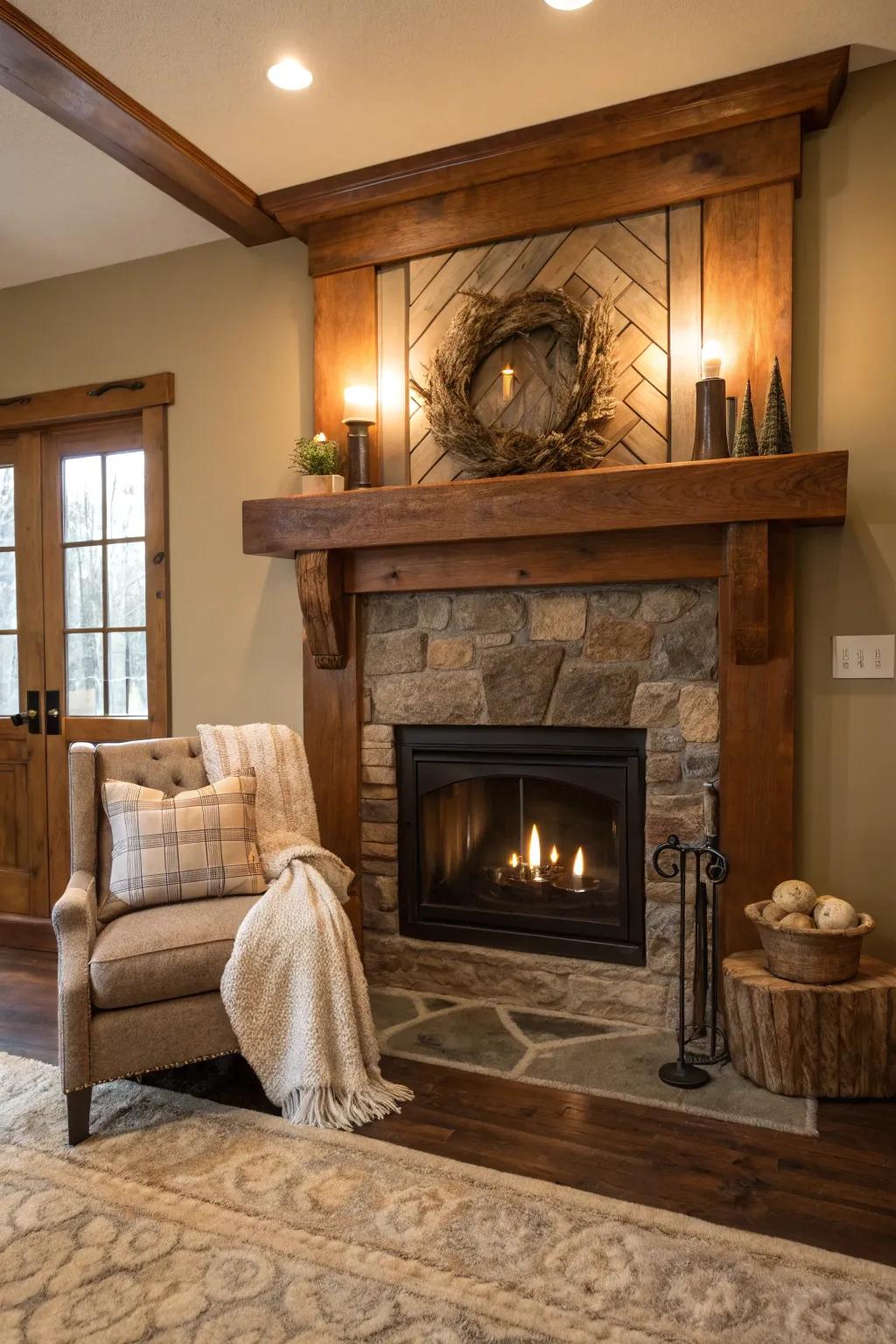 A rustic wood mantel adds charm and warmth, ideal for a comfortable country-style room.