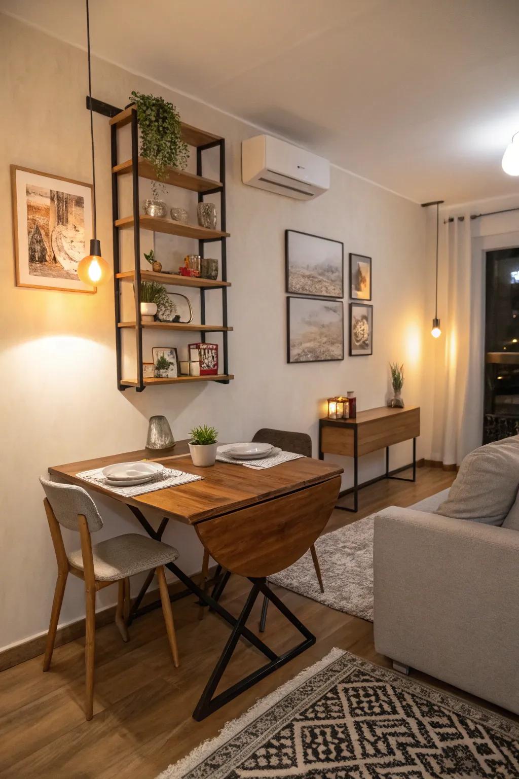 A dining table which mounts to the wall frees up space when you aren't using it.