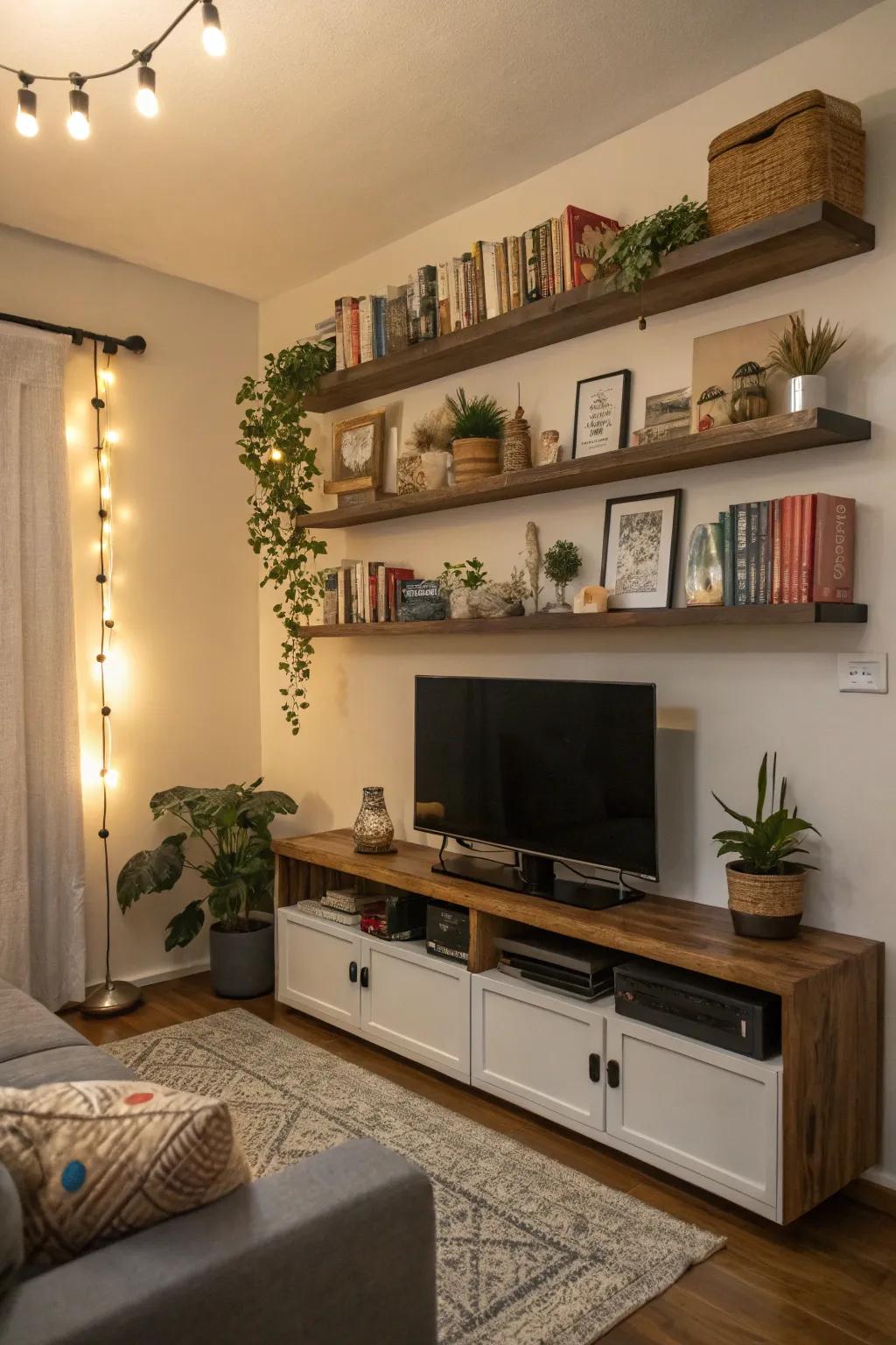 Floating shelves offer elegant storage solutions without occupying floor space.