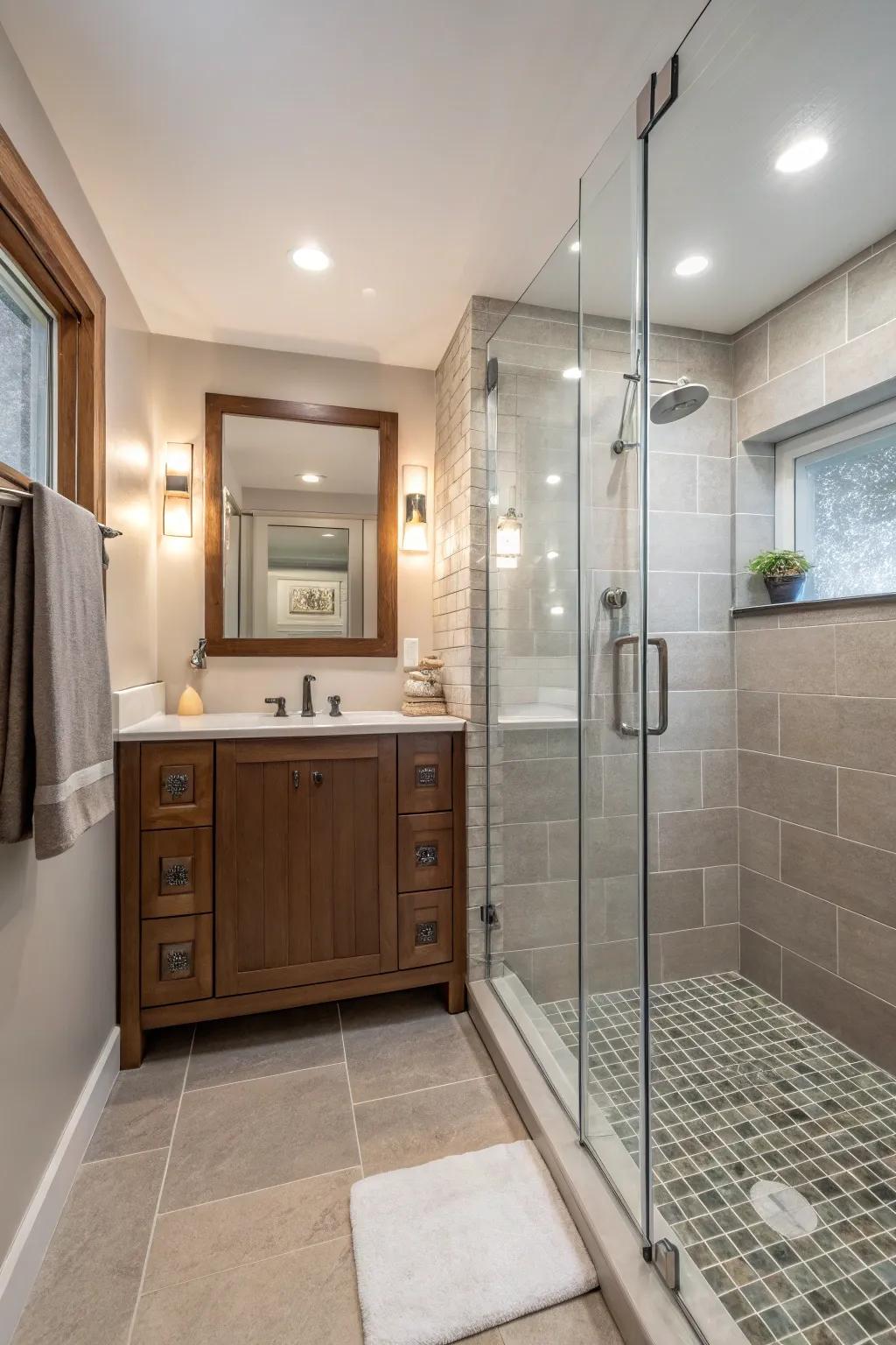 Walk-in showers enhance accessibility and visible space.