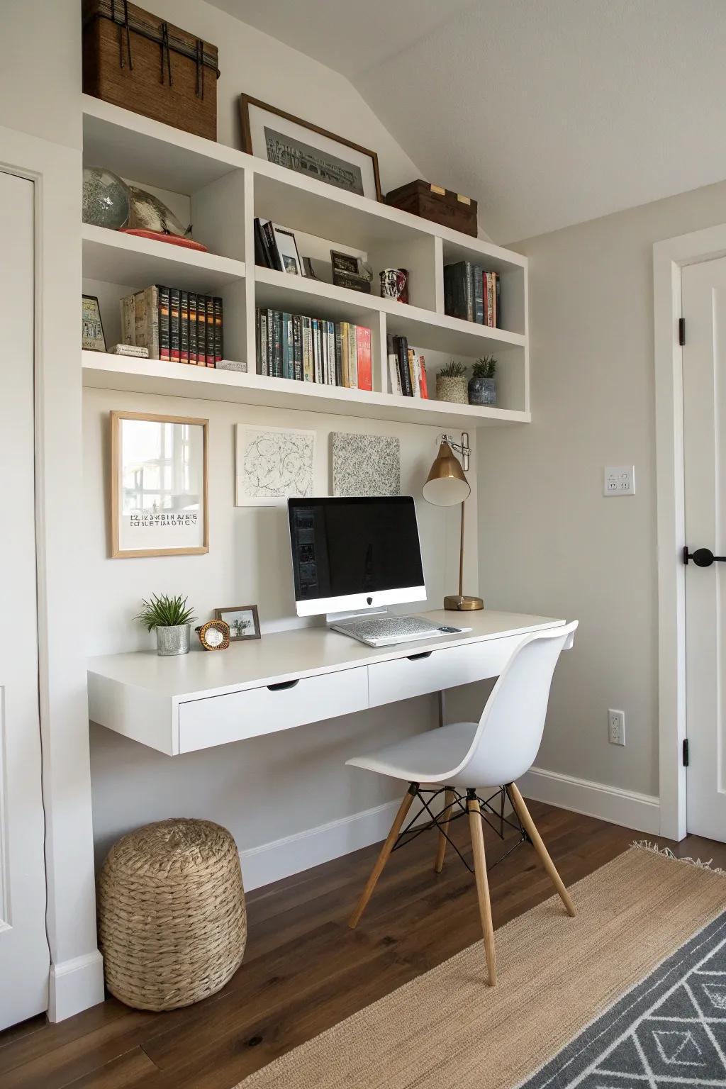 Wall-mounted desks maximize floor space.