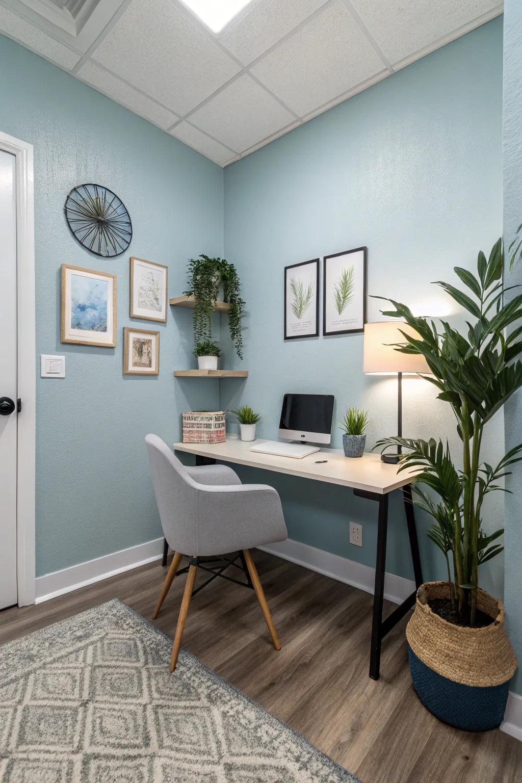 A peaceful office space with walls painted in a calming blue shade.