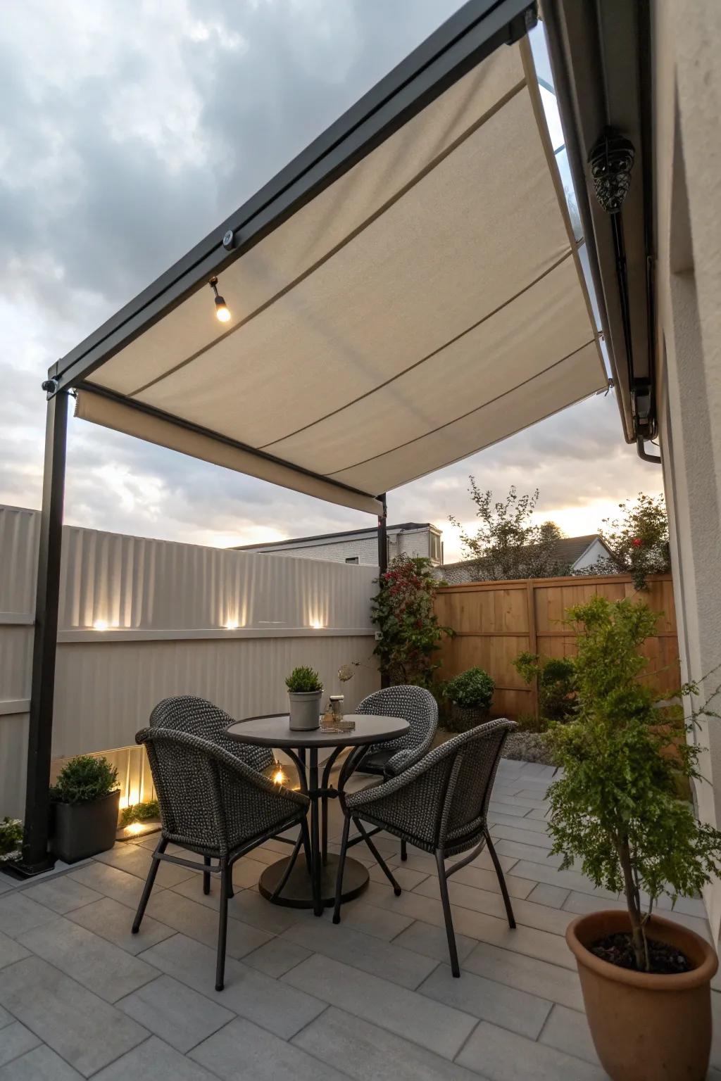 A retractable shade provides adaptable sun protection.