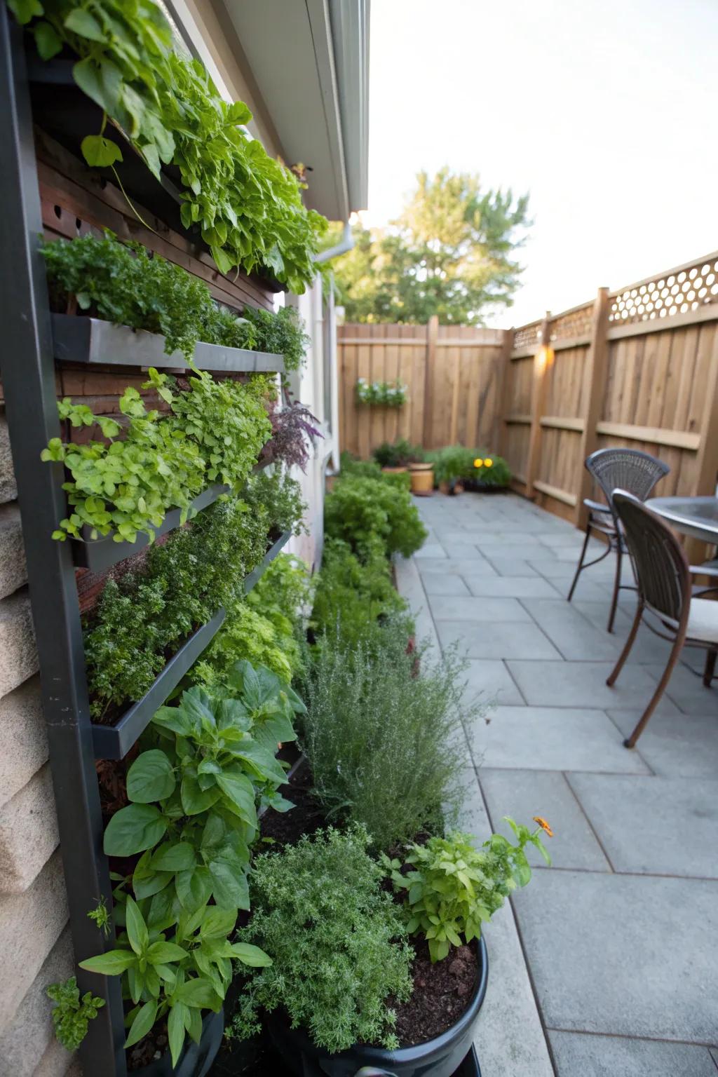 A small patio showcasing a standing seasoning patch for fresh tastes.