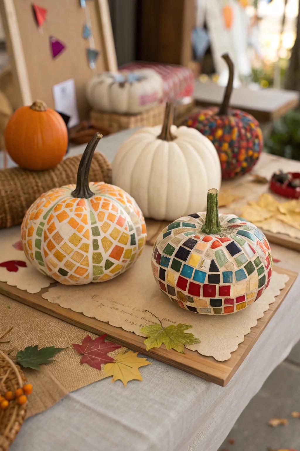 Mosaic squashes provide a textured, artistic style to fall presentations.