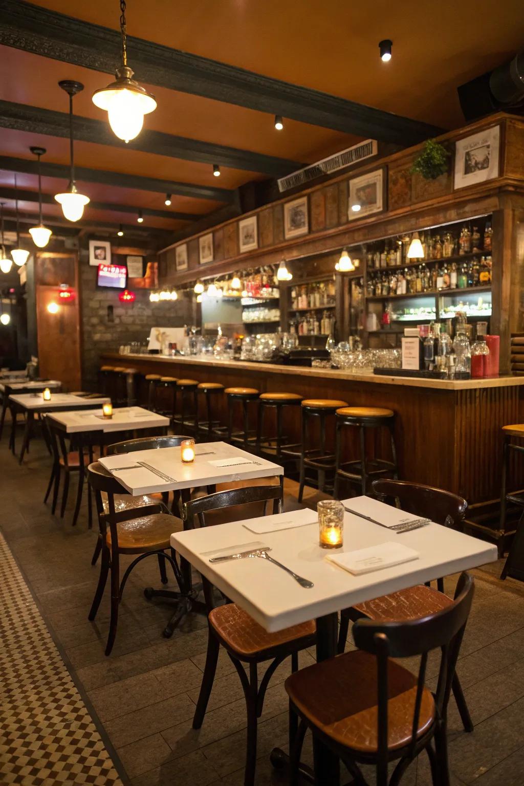 Multi-functional furniture optimizing space in a small restaurant bar.