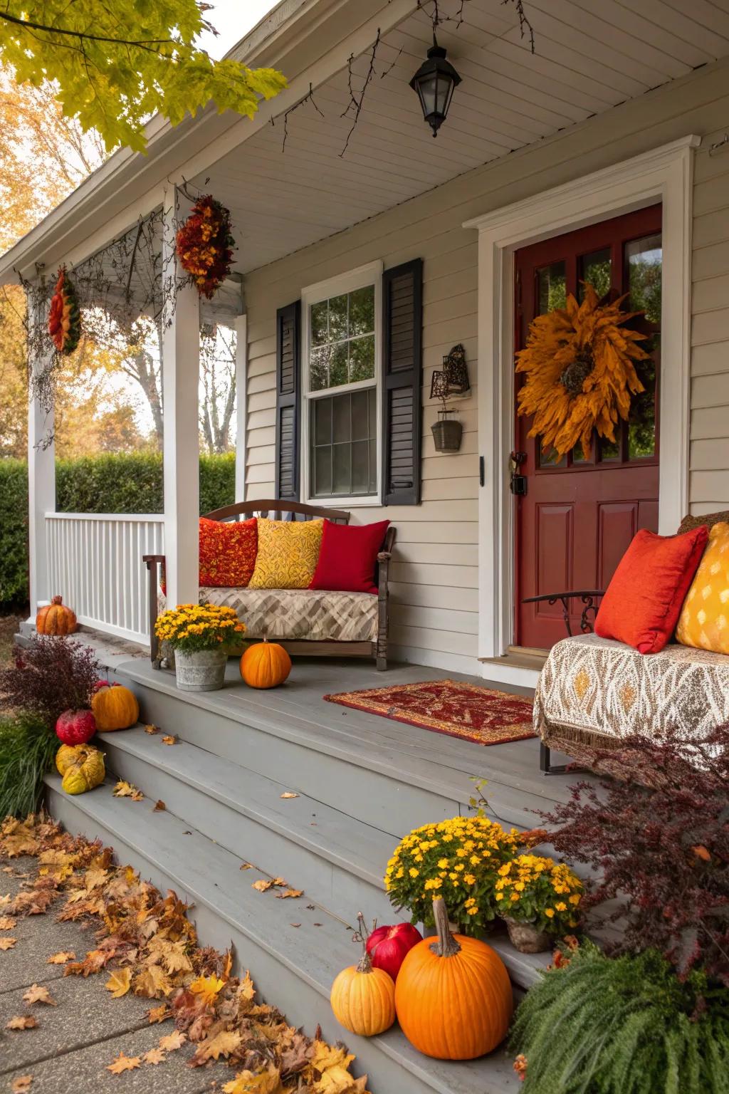 A side porch decorated with seasonal decor and colorful cushions.