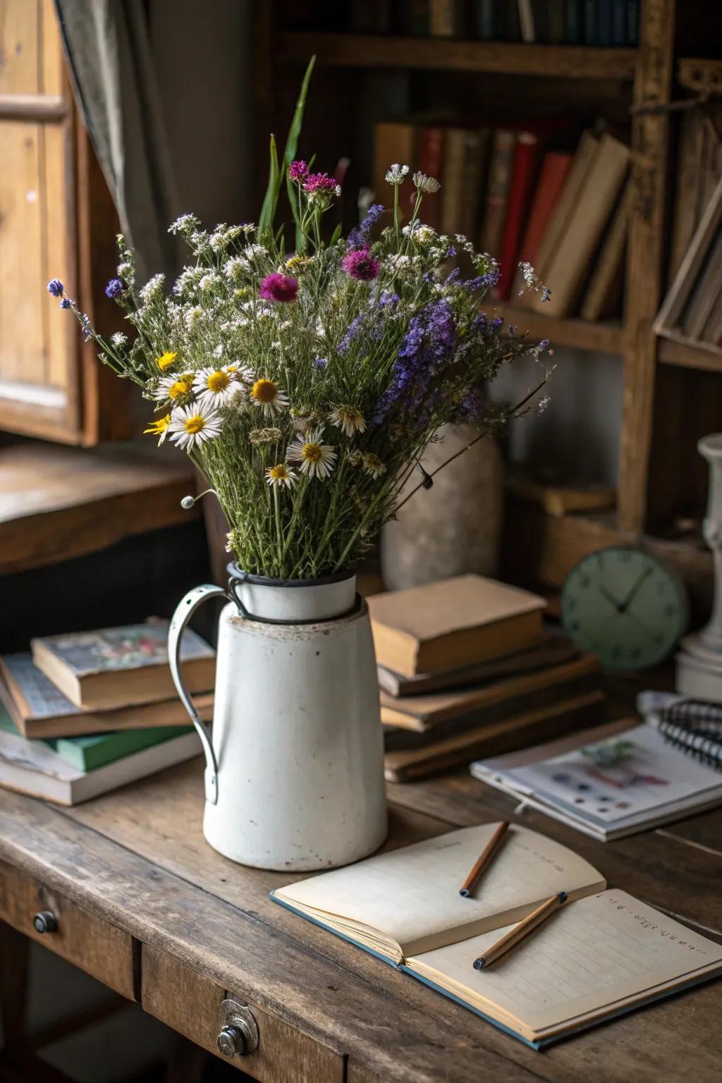 A classic milk jug adds nostalgic charm to any flower arrangement.