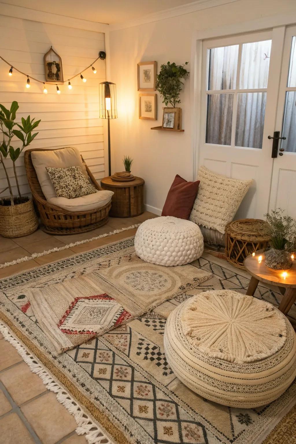Layered rugs define spaces and add textural interest.