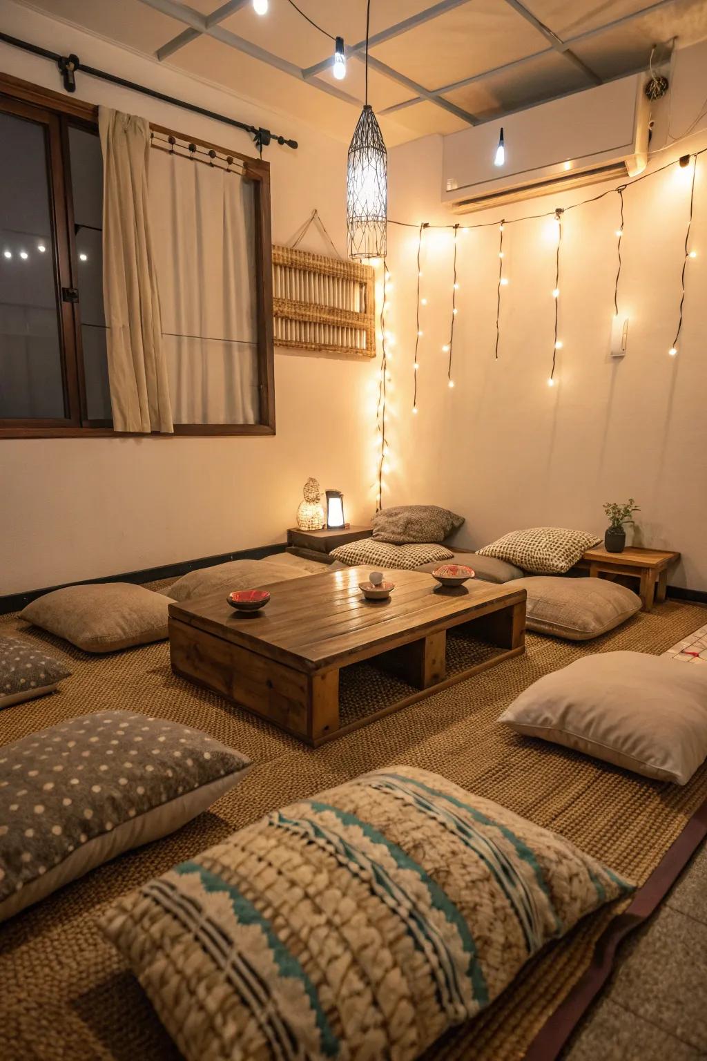 Seating on the floor makes a comfortable and relaxed atmosphere that's great for small get-togethers.