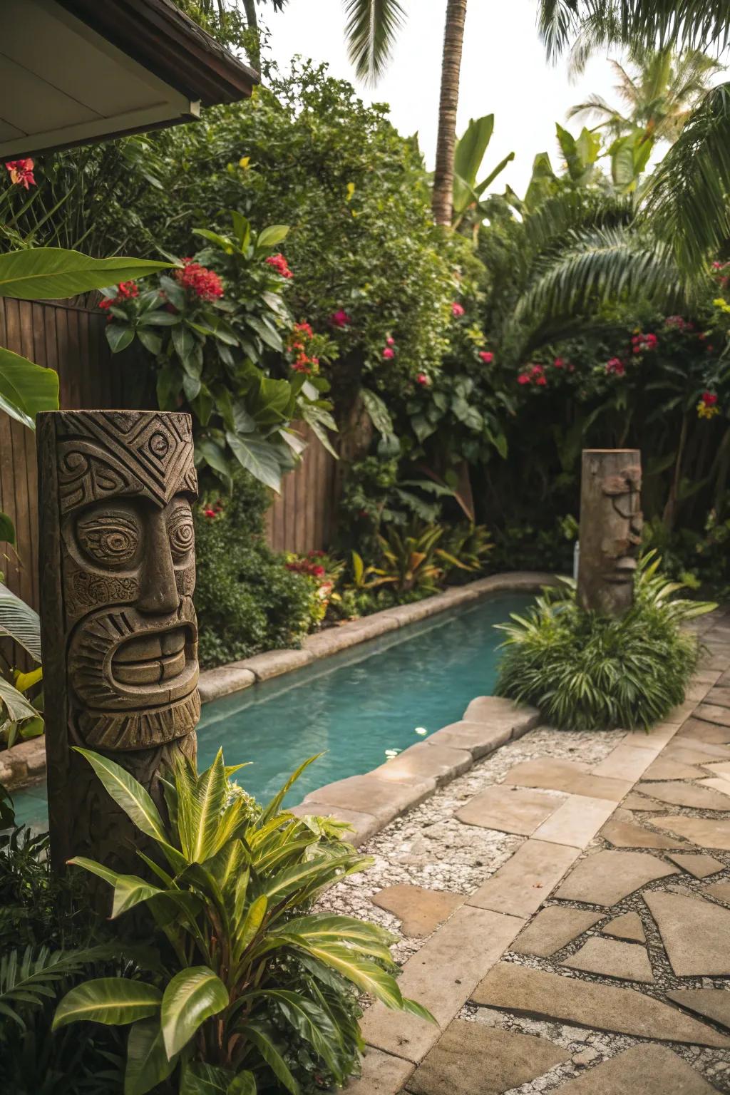 Stylized statuary such as tribal face art enhance the tropical ambiance.