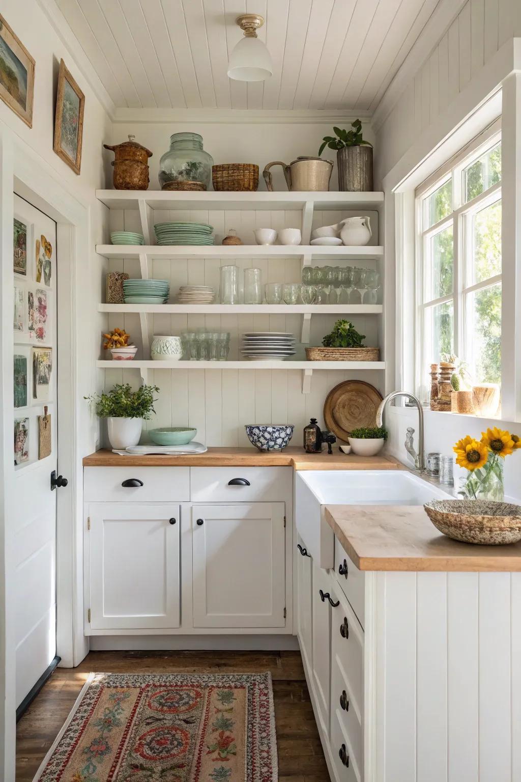 Exposed shelving enhances the airiness of the space and offers display opportunities.