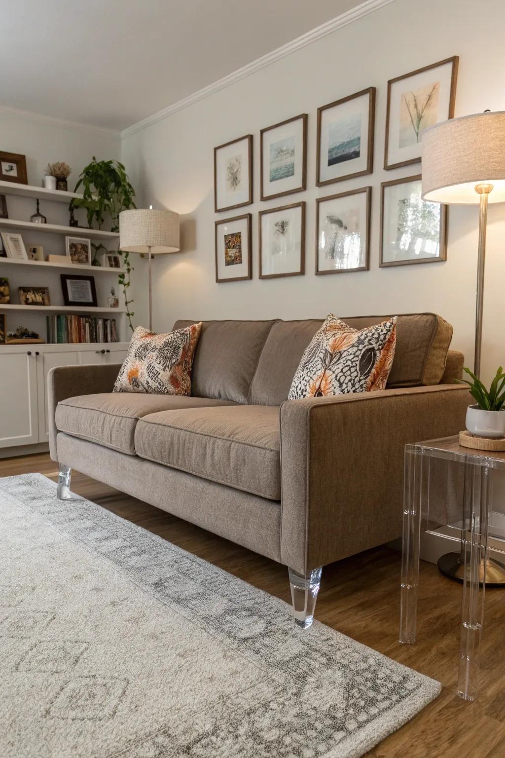 Transparent furnishings evoke the illusion of increased area within a petite living area.