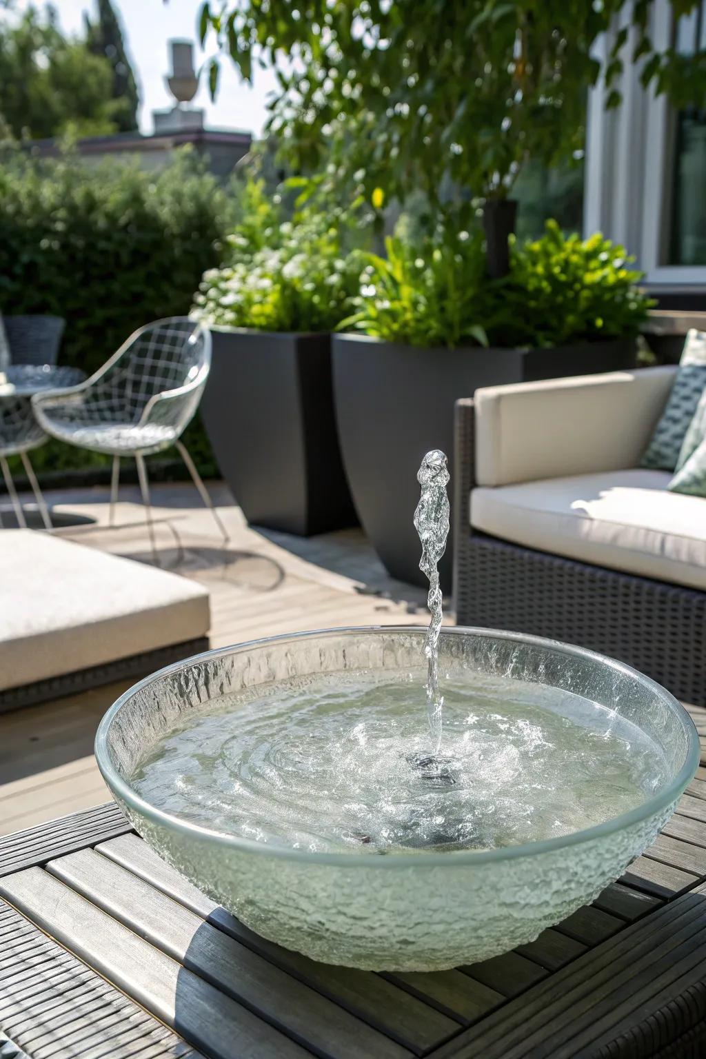 A modern, elegant sun-driven fountain in a clear glass basin.