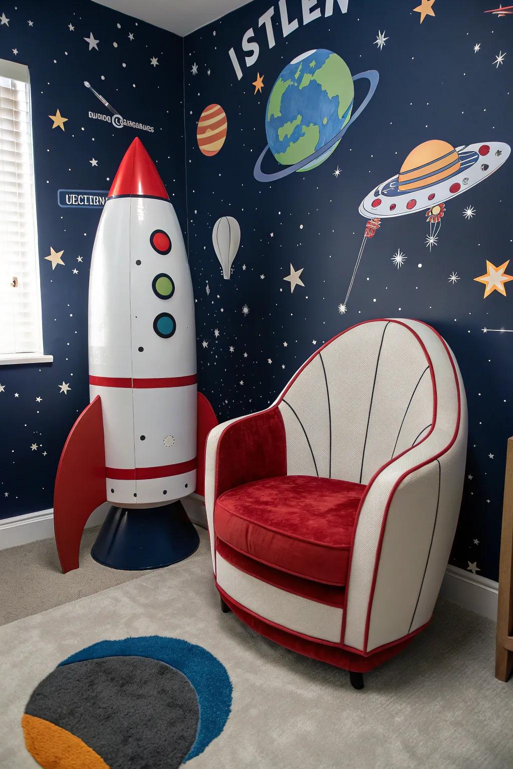 Rocket-shaped furnishings adds appeal and adventure.