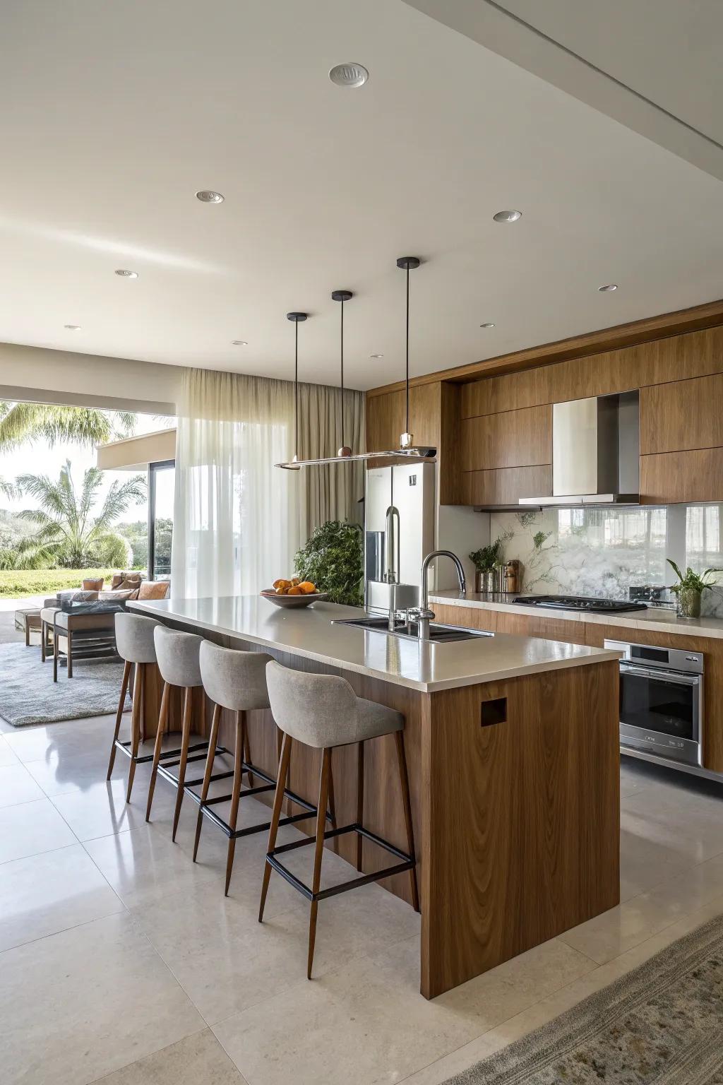 A central isle functions as a hub for cooking and socializing.
