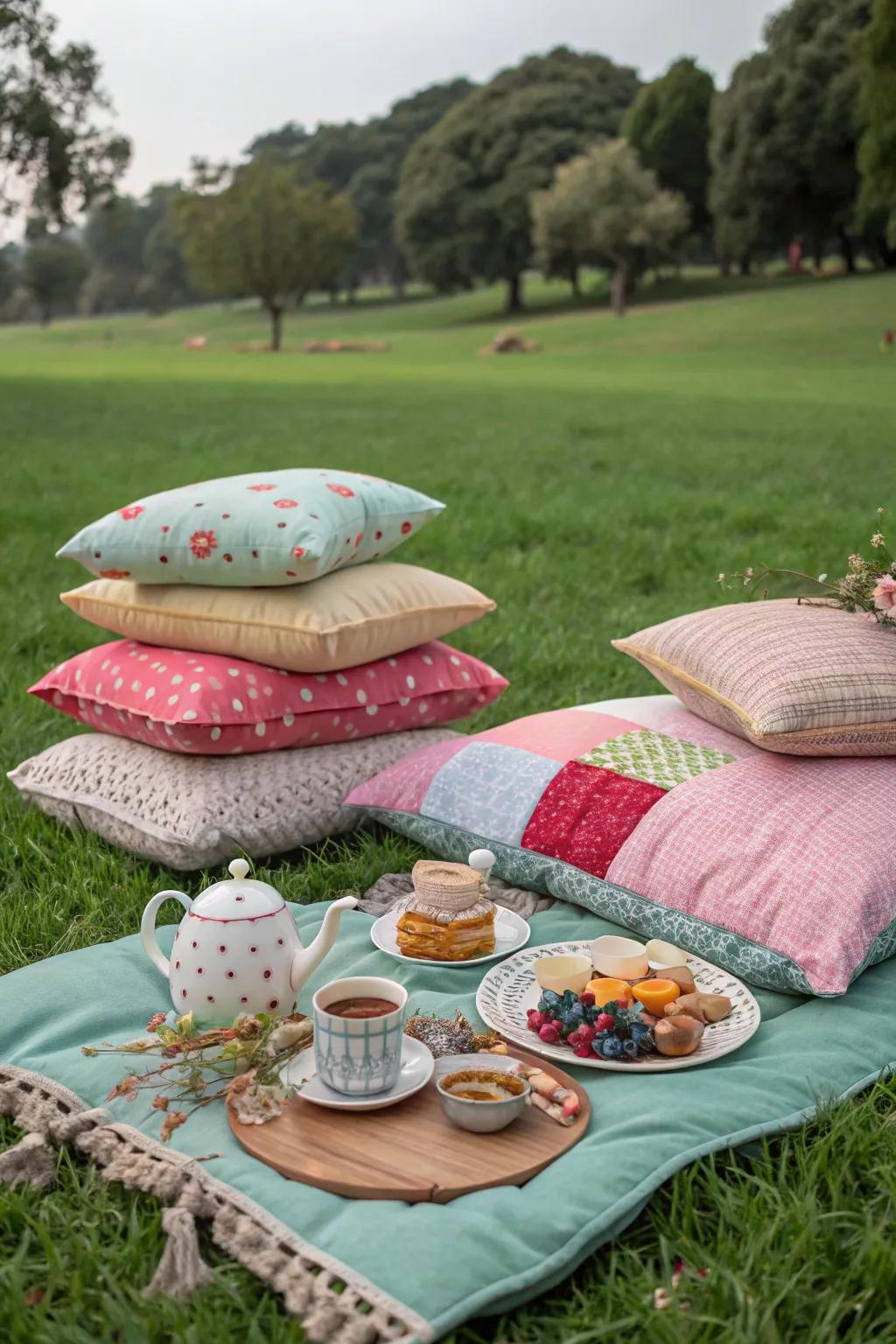 Layered picnic covers furnish a cozy seating arrangement.