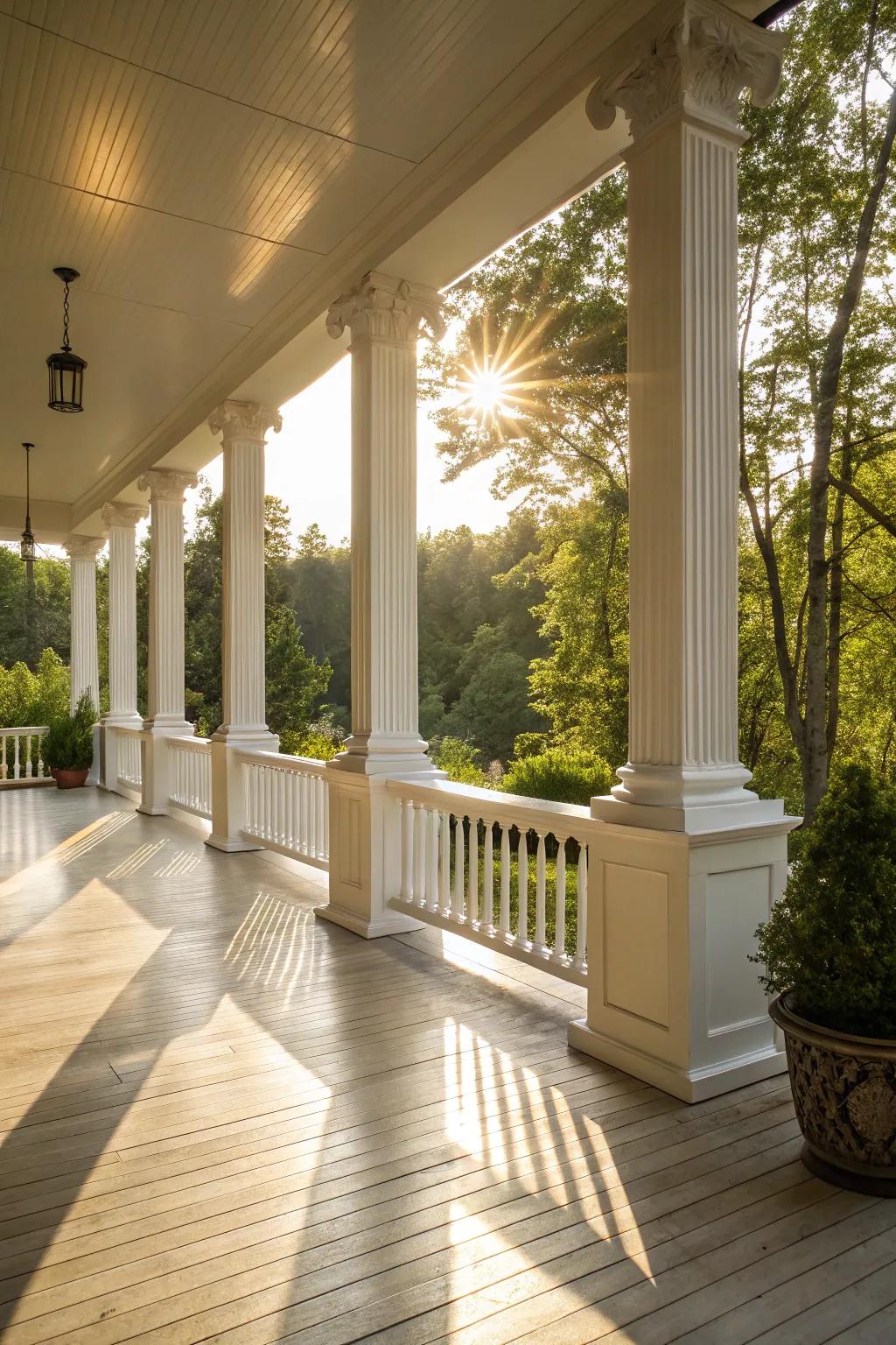 Luminous square columns add a luxurious sheen to the porch.
