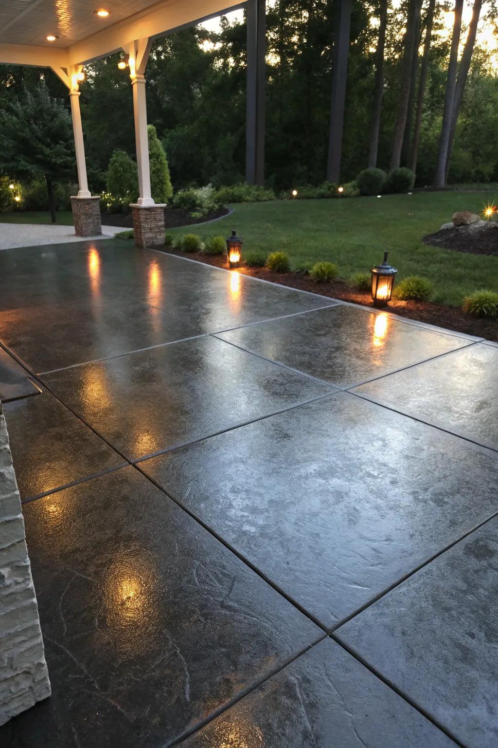 A sleek, glossy finish on a dark stone-tinted patio.