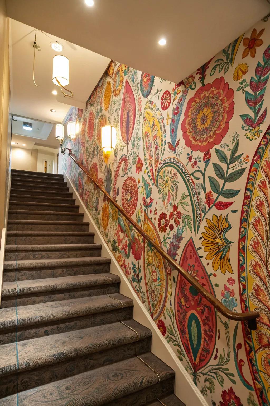 Vibrant wall covering has the ability to transform your staircase wall into an artwork.