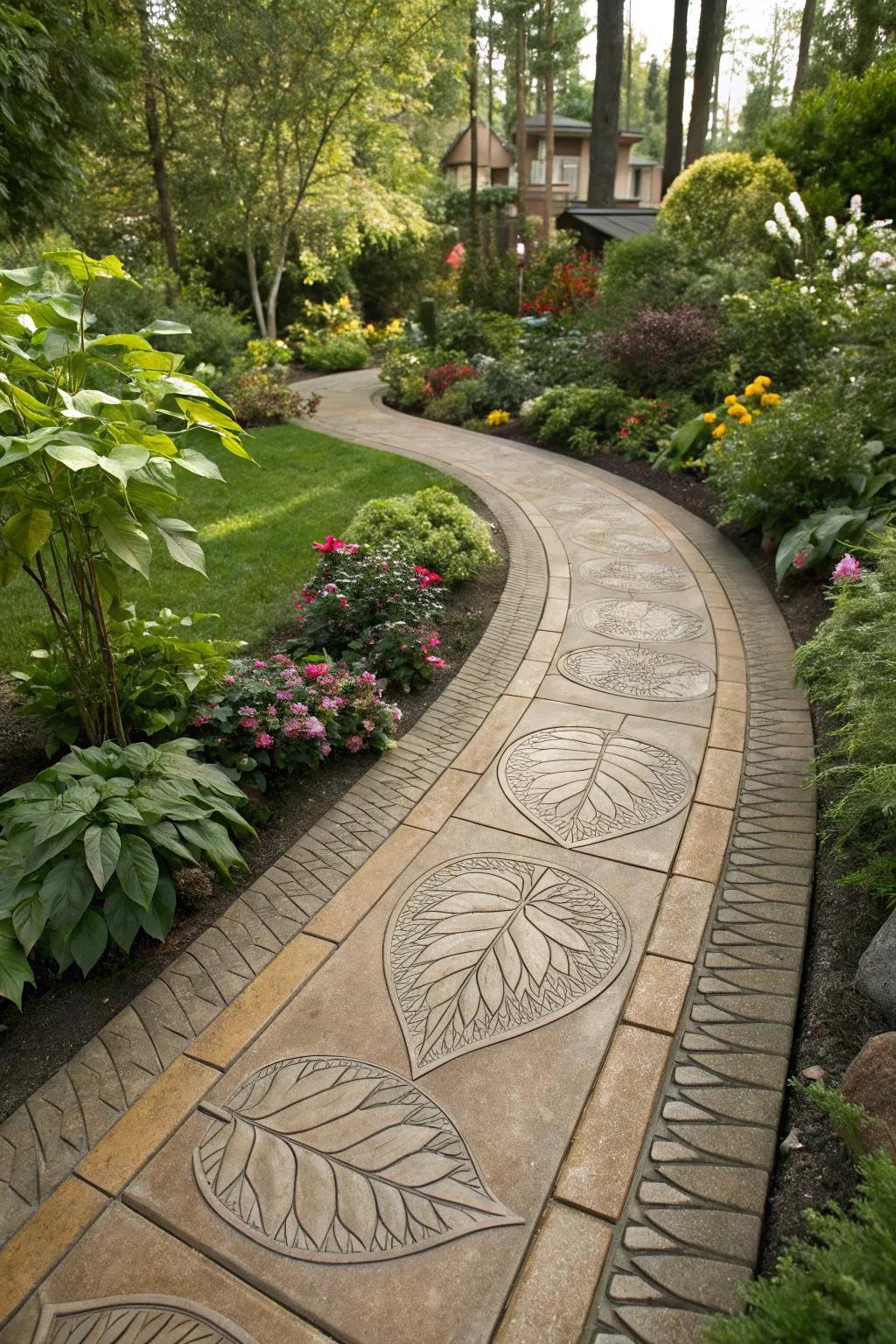 Garden path featuring organic-inspired foliage design stamped concrete border