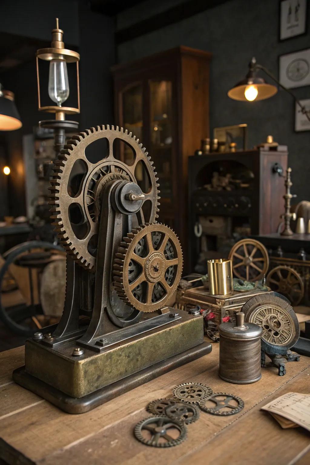 A steampunk art installation brings dynamic energy to this interior.