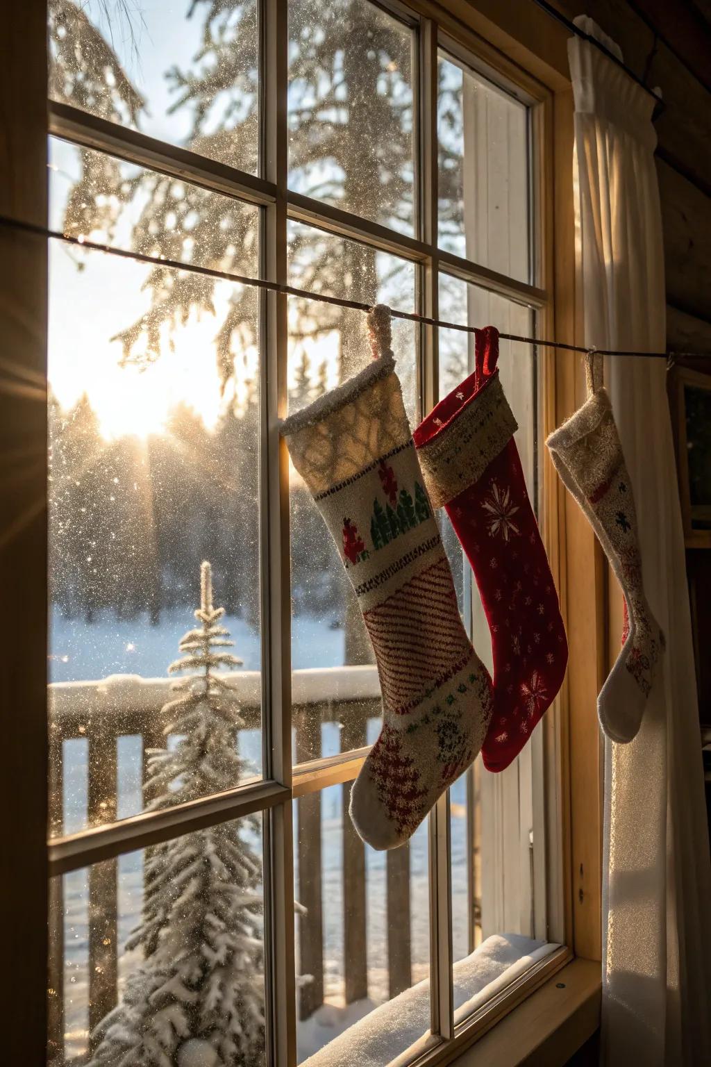 Window frames furnish a radiant spot for stockings.