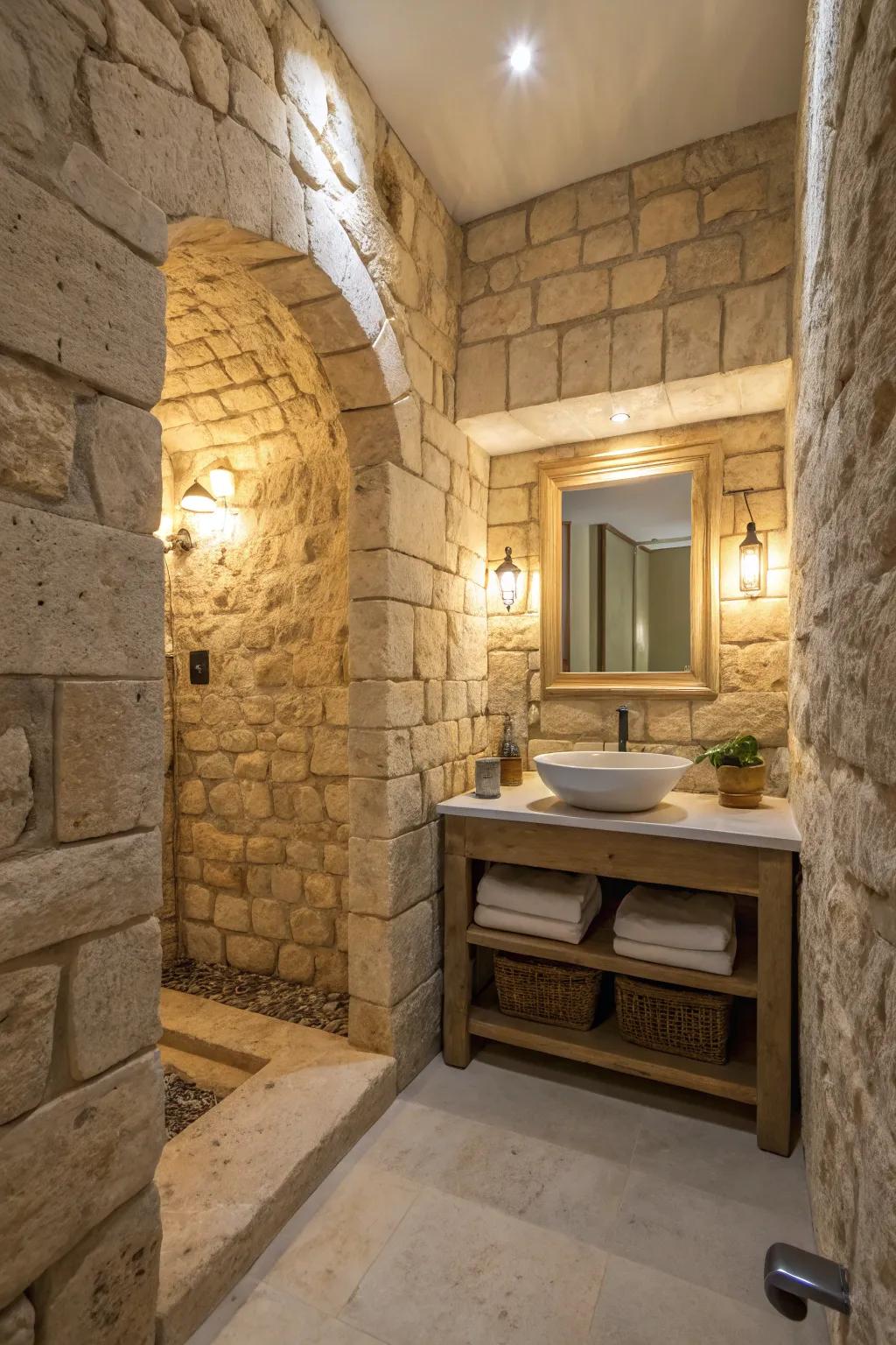 A stone bathroom featuring the gentle texture and warm shades of chalk rock.