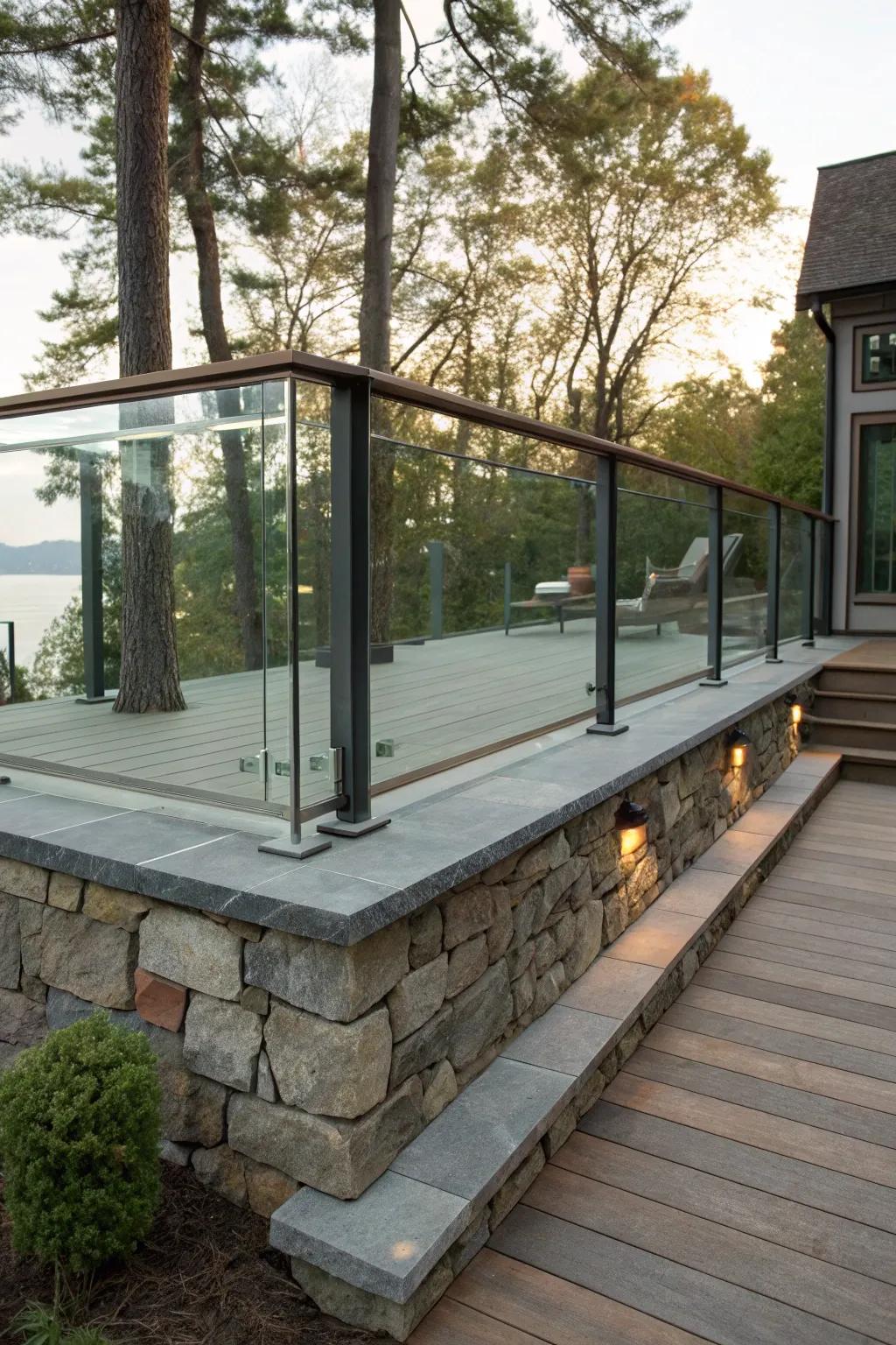 A sophisticated deck featuring an innovative combination of stone and glass cladding.