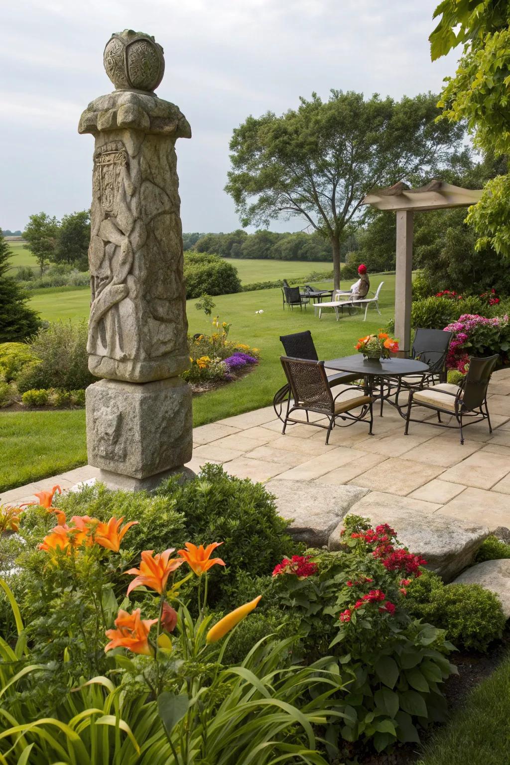 A striking stone figure elevating garden design.