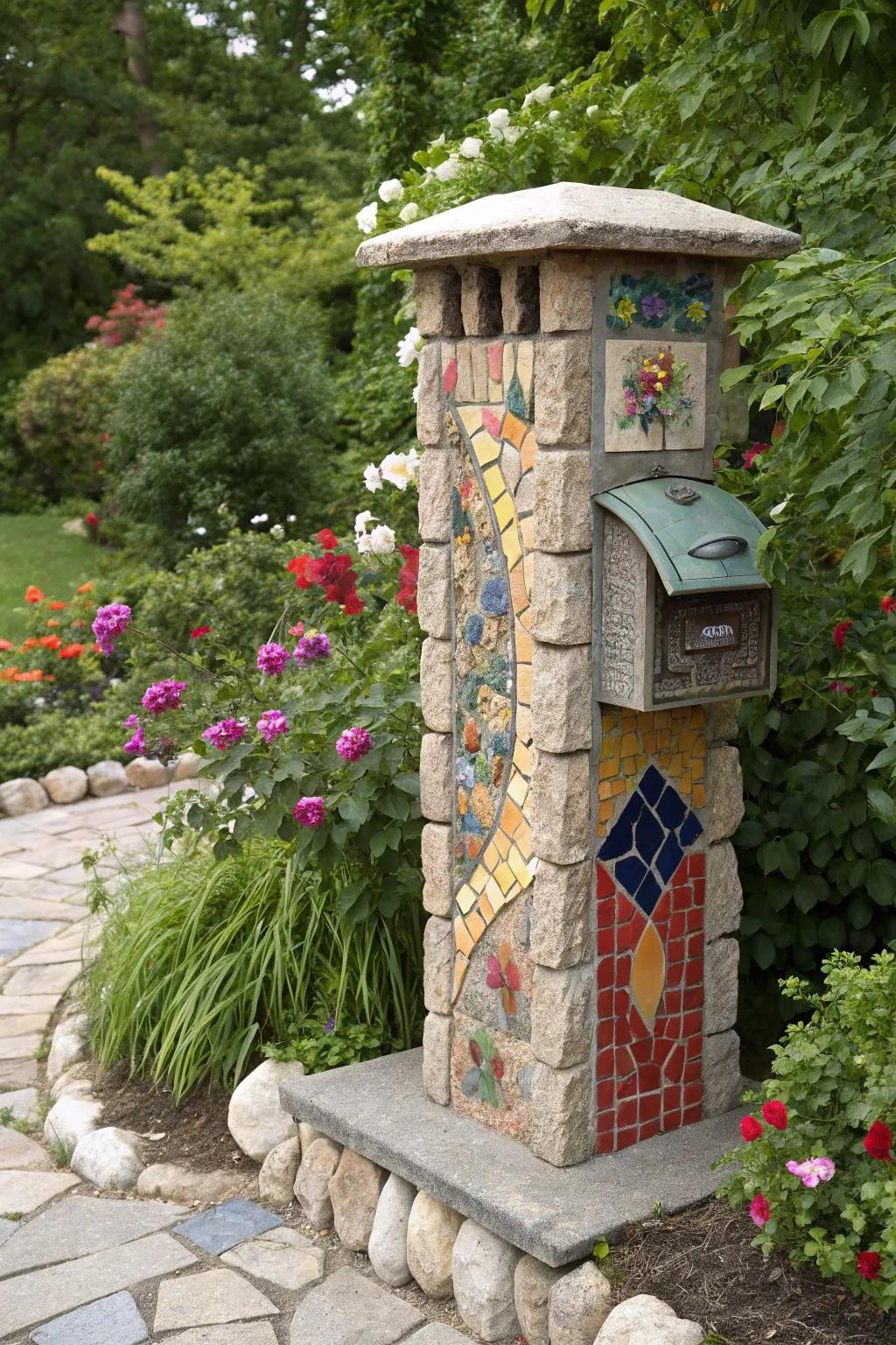 An imaginative stone mailbox pillar featuring lively mosaic designs.