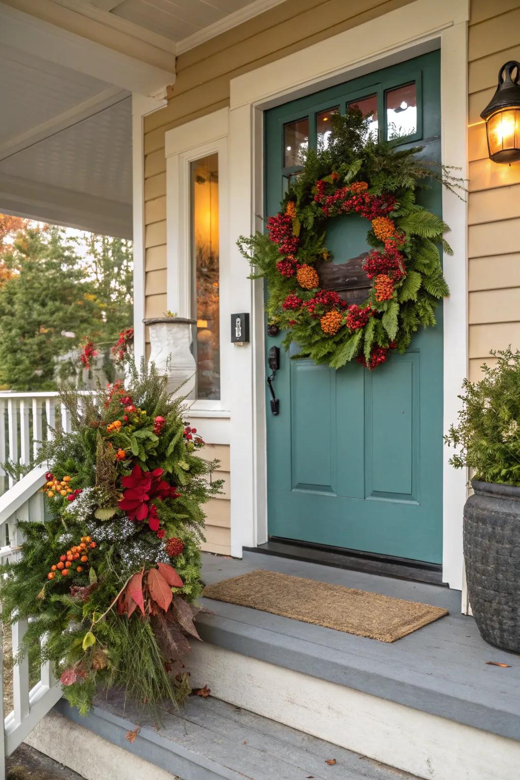 A colorful wreath adds a touch of seasonal flair to the stoop.