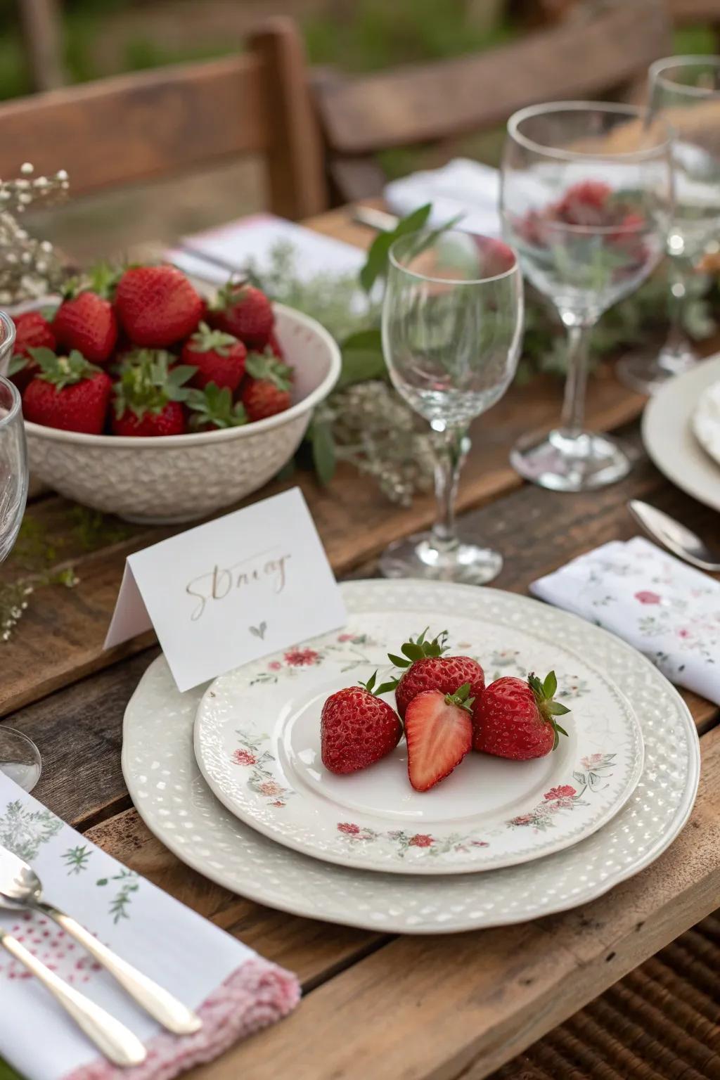 Charming berry name card fixtures for a personalized dining experience.