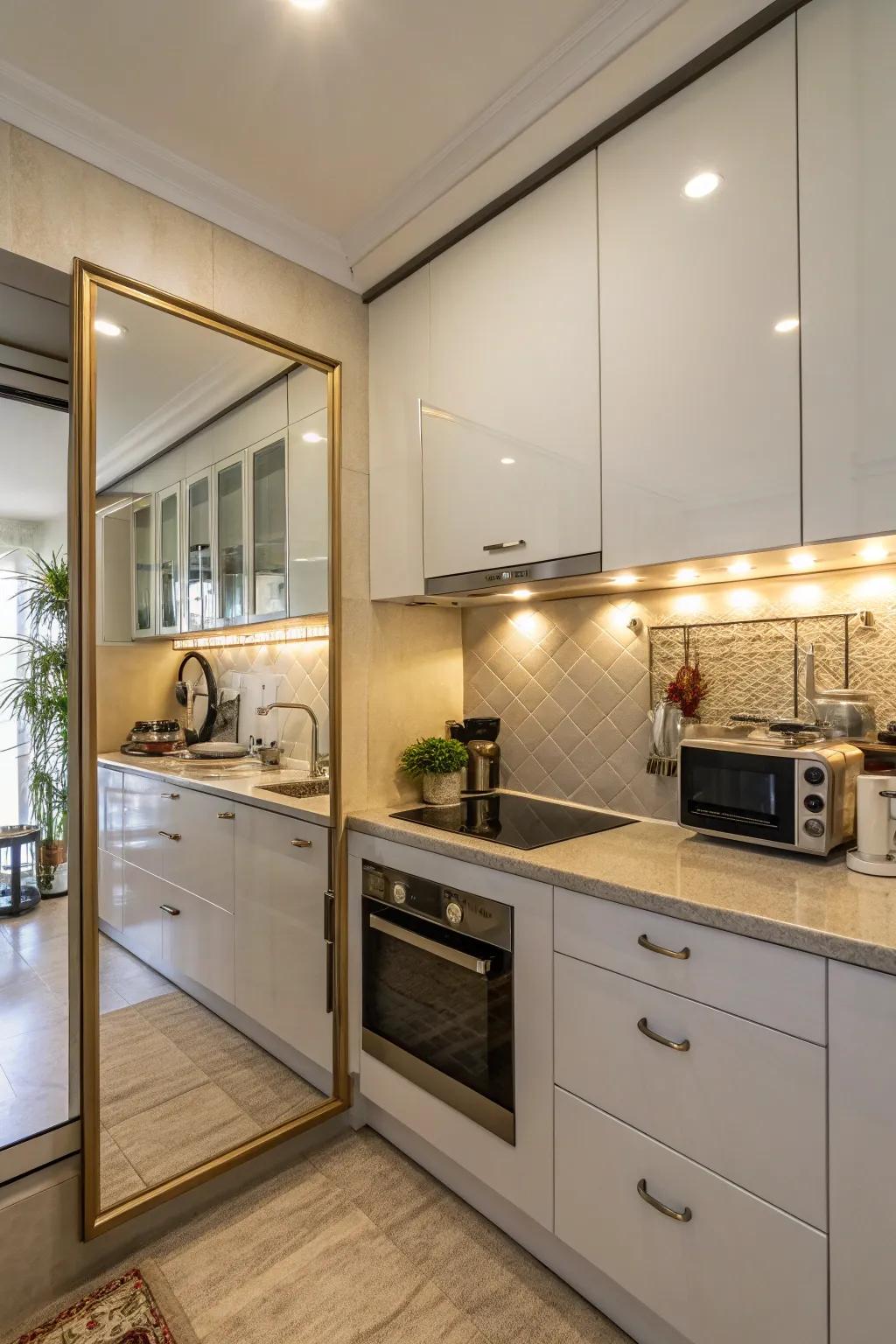 A reflector backsplash introduces depth and reflects light within a kitchen.