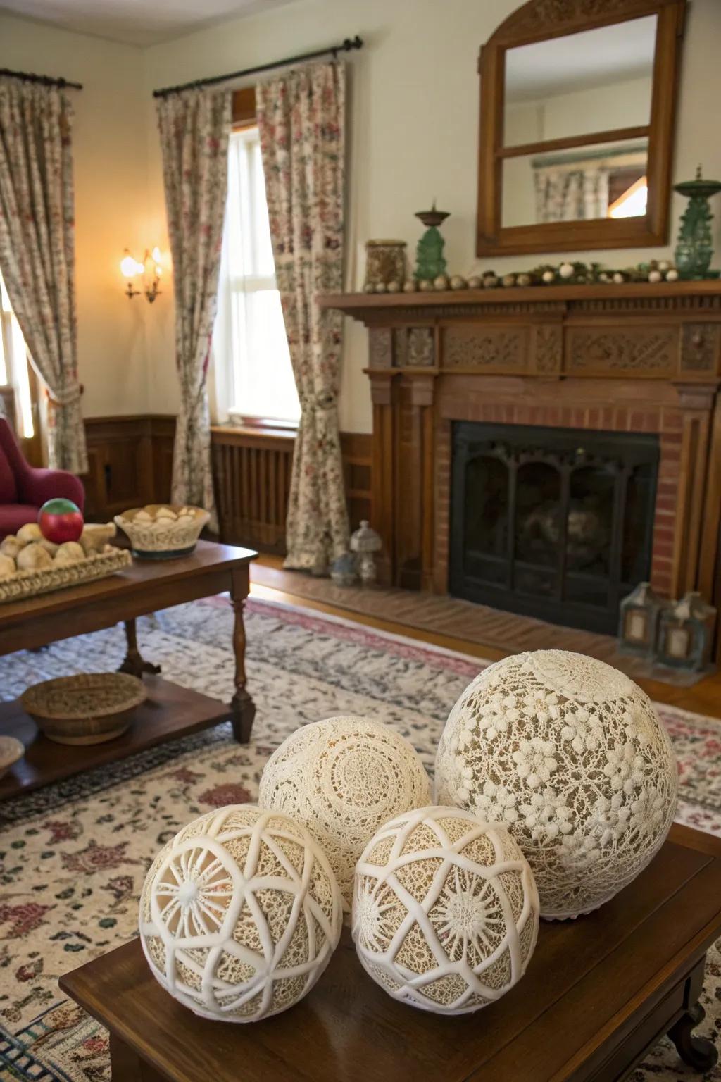 Bobbinet-enveloped ornaments impart retro elegance.