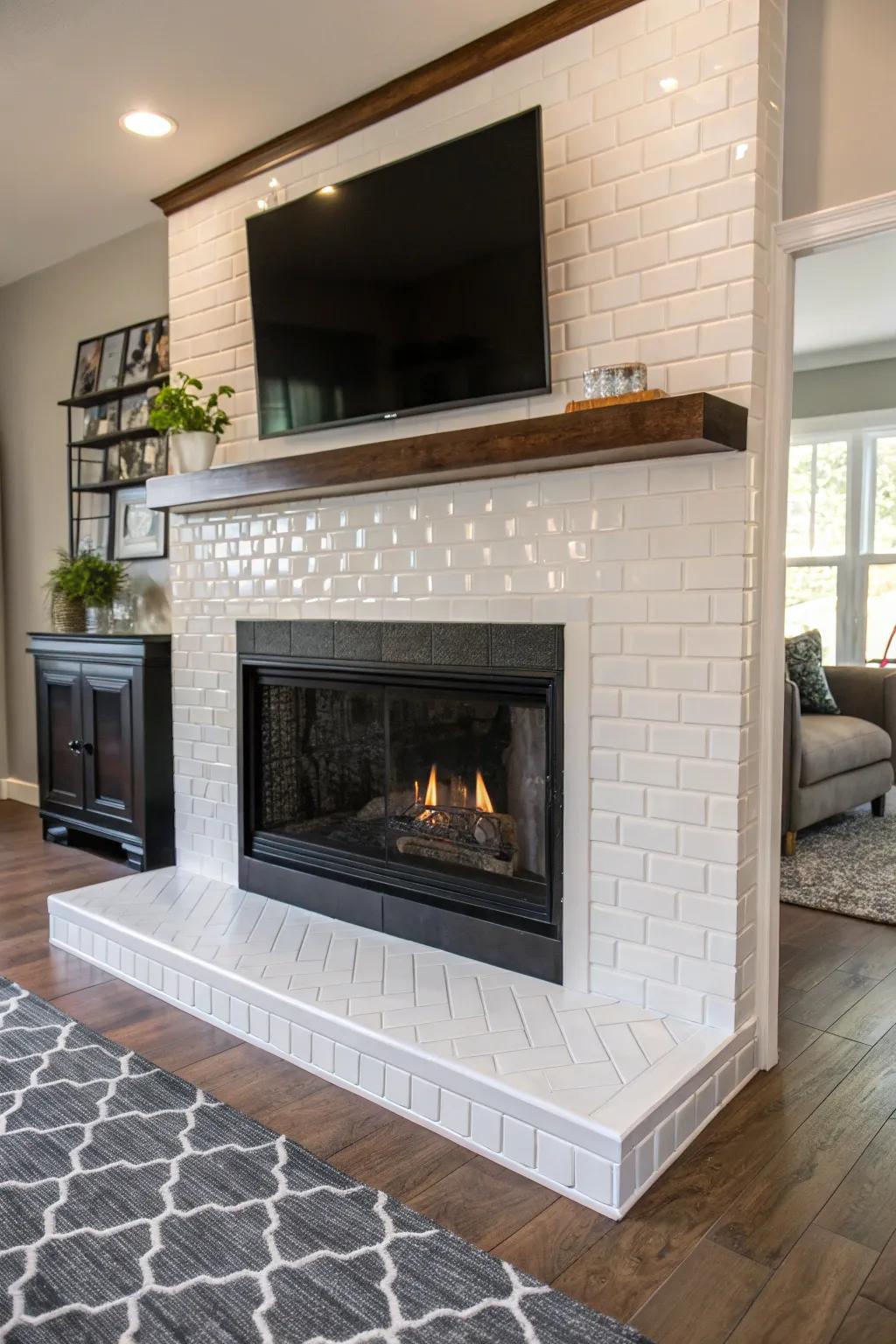 Mixing textures in rectangular tiles introduces depth to this stylish fireplace.