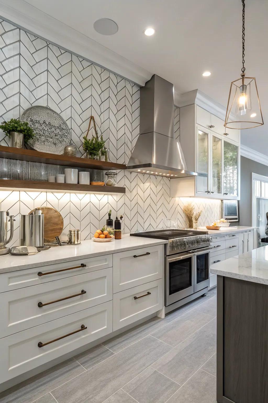 Chevron standard tiles add a modern and elegant touch to this kitchen.