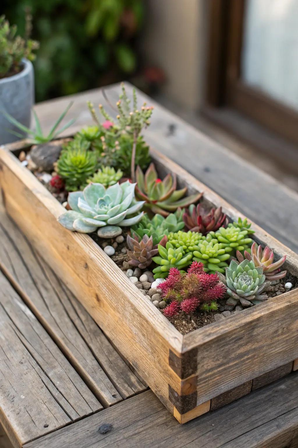 A countryside timber crate showcasing a vibrant succulent arrangement.