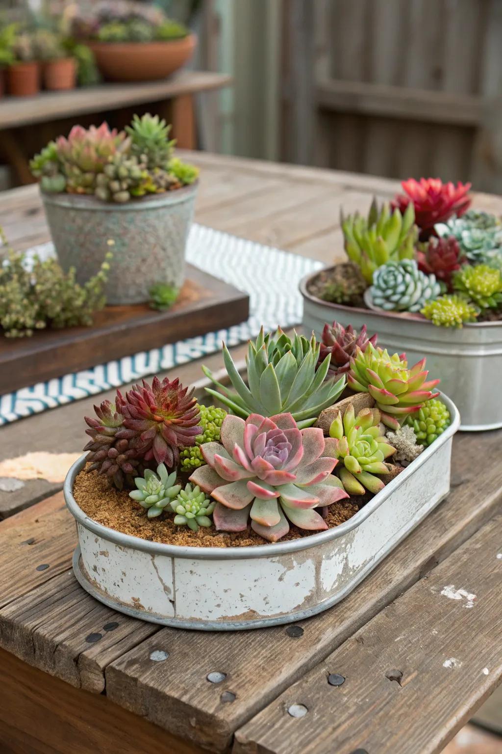 A charming succulent garden residing within vintage repurposed receptacles.