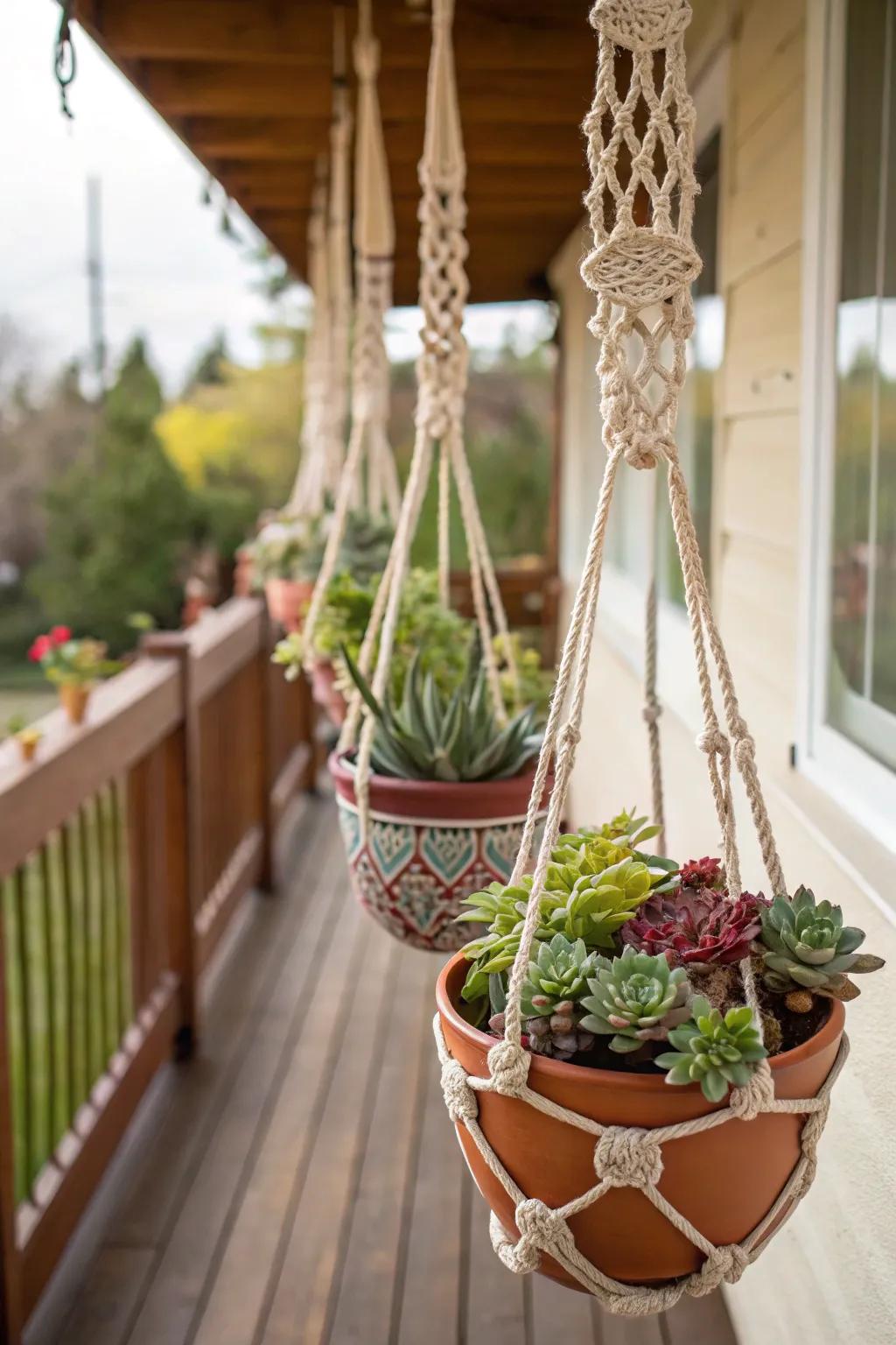 A creative hanging garden showcasing succulents in a mix of traditional pots and macramé supports.