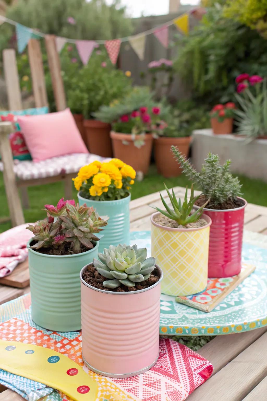 Vibrant tin cans make for a colorful and affordable succulent display.