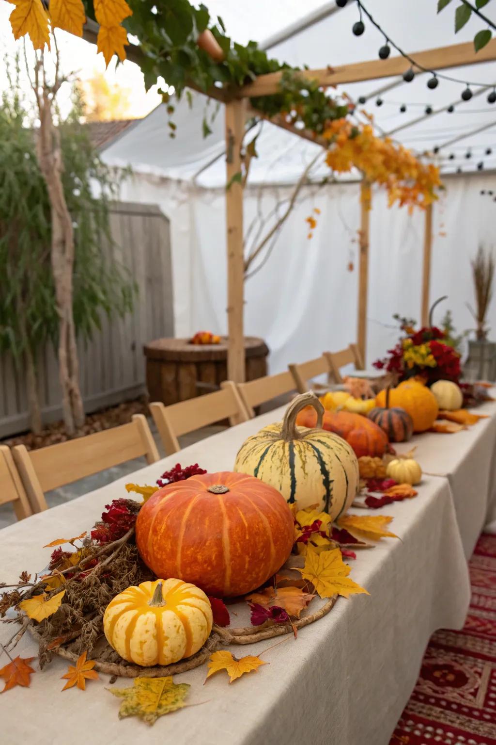 A sukkah table adorned with harvest-motivated centerpieces featuring pumpkins and gourds.