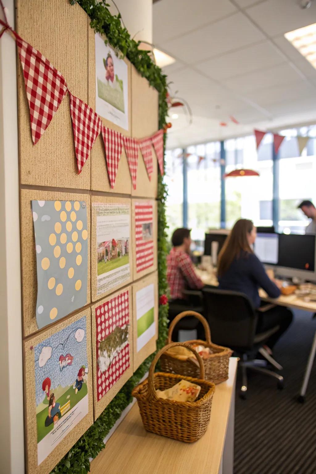 Design a cozy picnic atmosphere through a board featuring checkered designs and hampers.