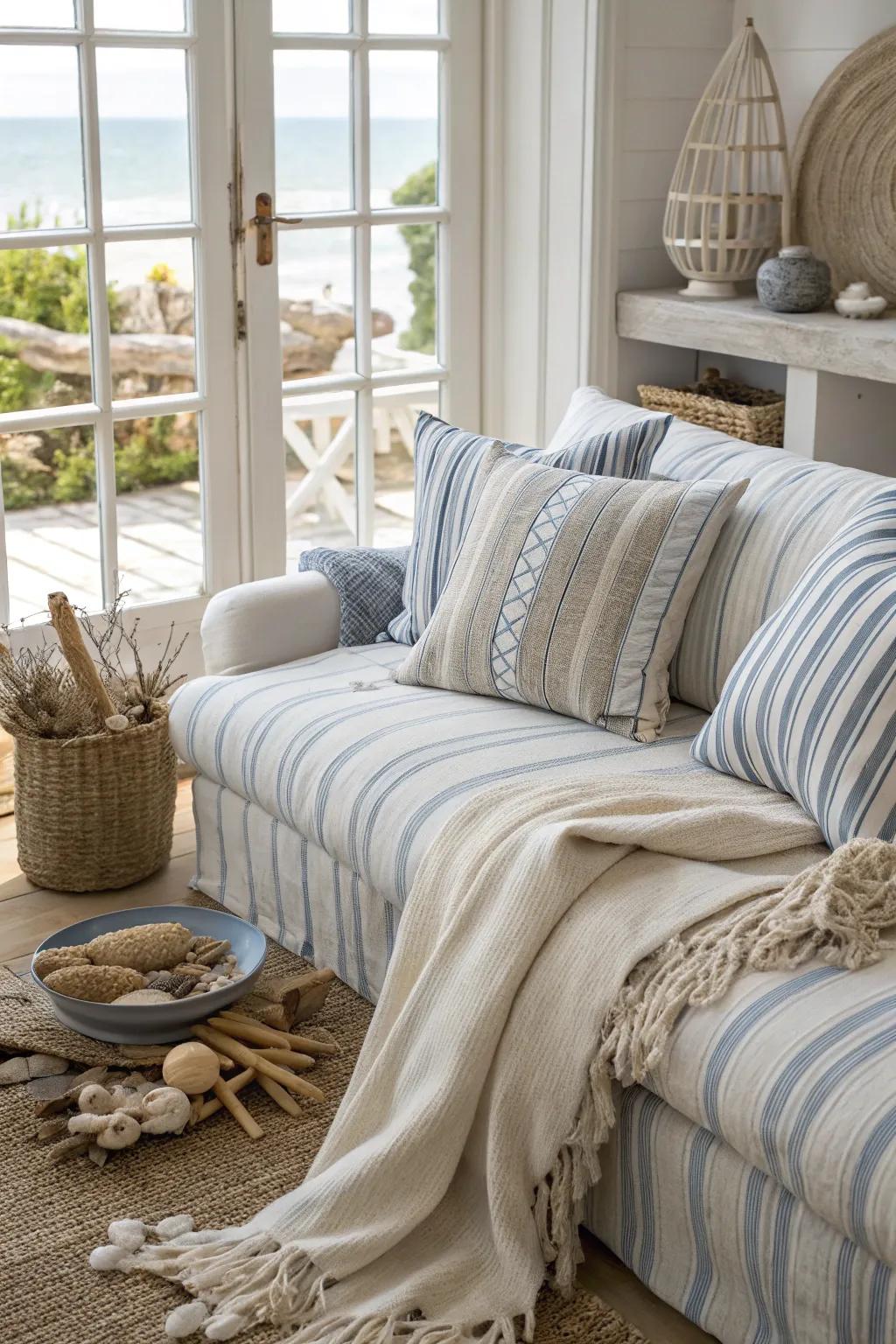Beach-inspired fabrics create a coastal mood.