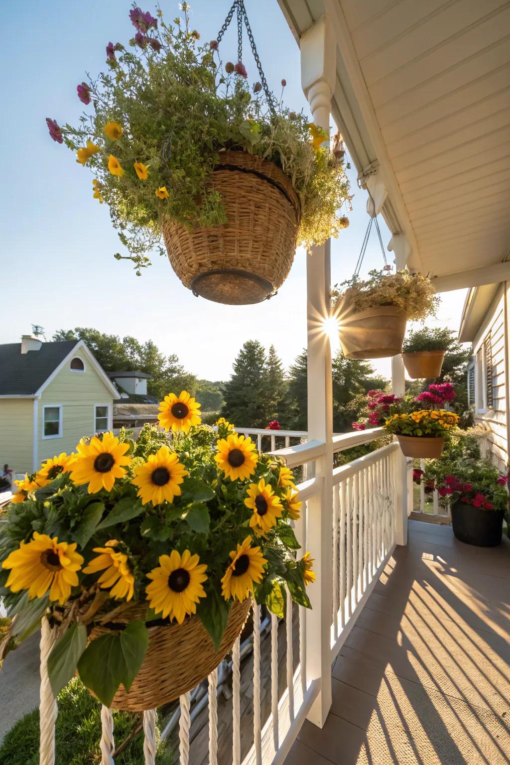 Fabricate a whimsical atmosphere through suspended sunflower baskets.