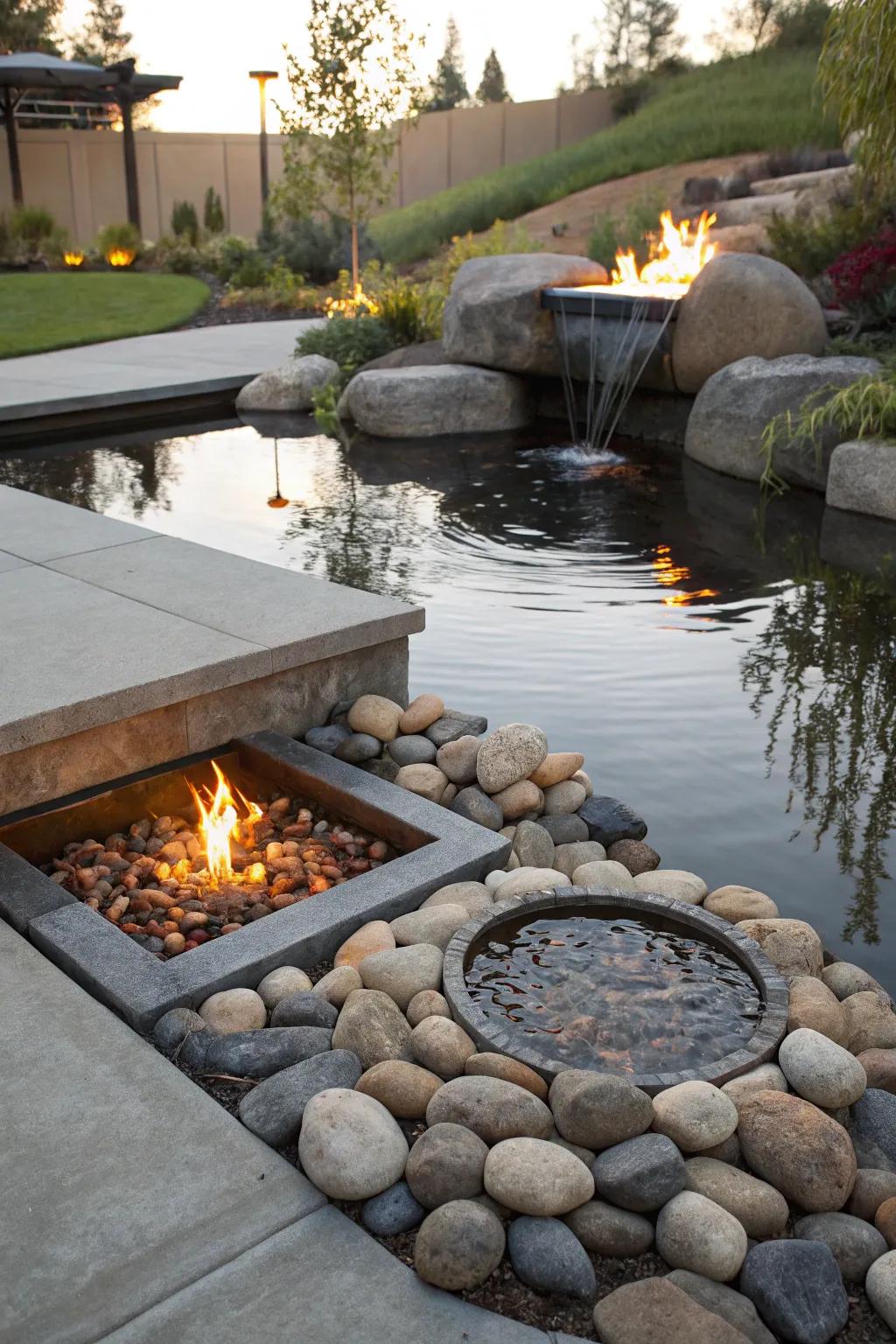 A reflective water detail improves this ground-level fire feature.