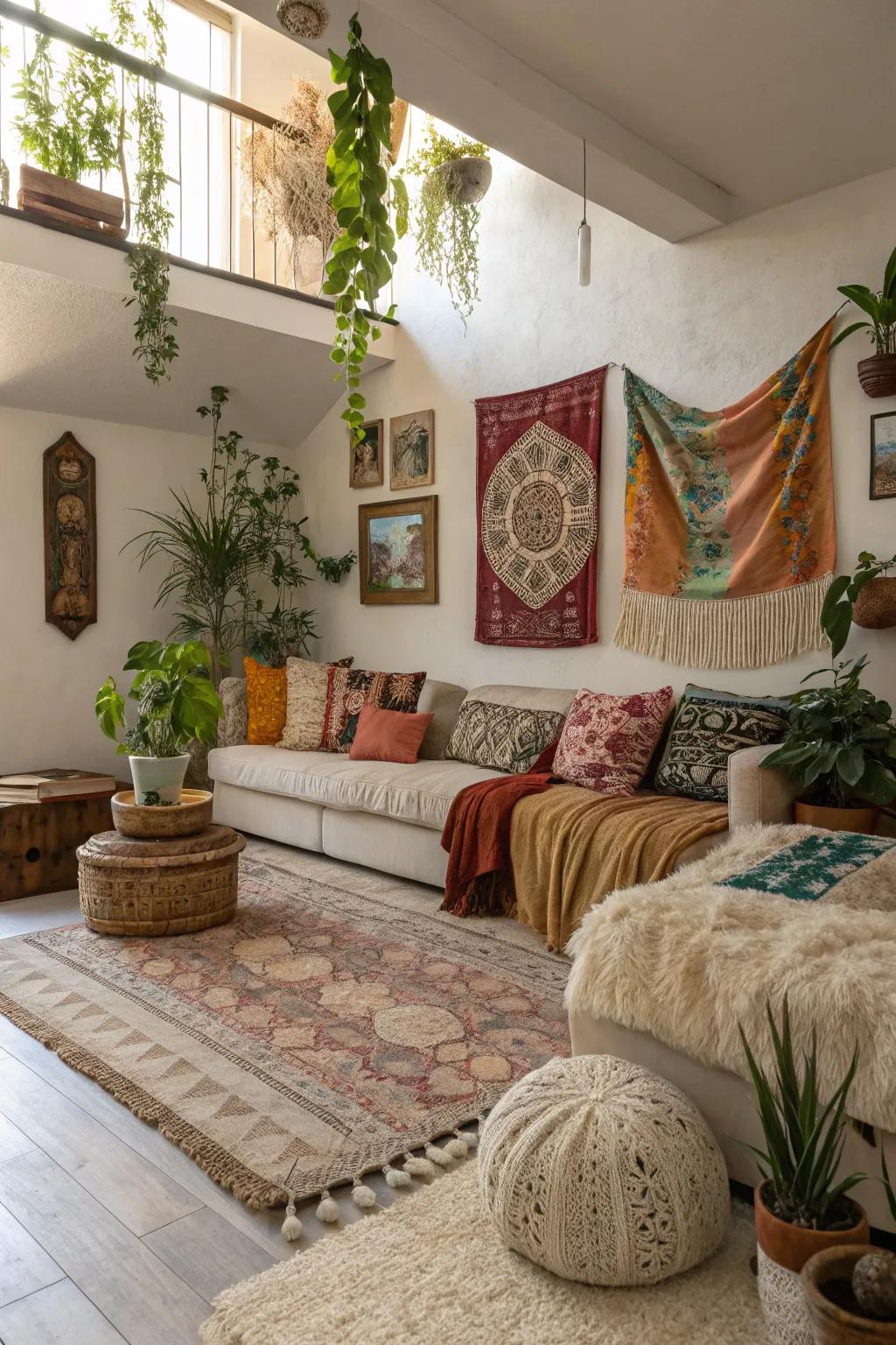 A recessed living room with free-spirited decor.