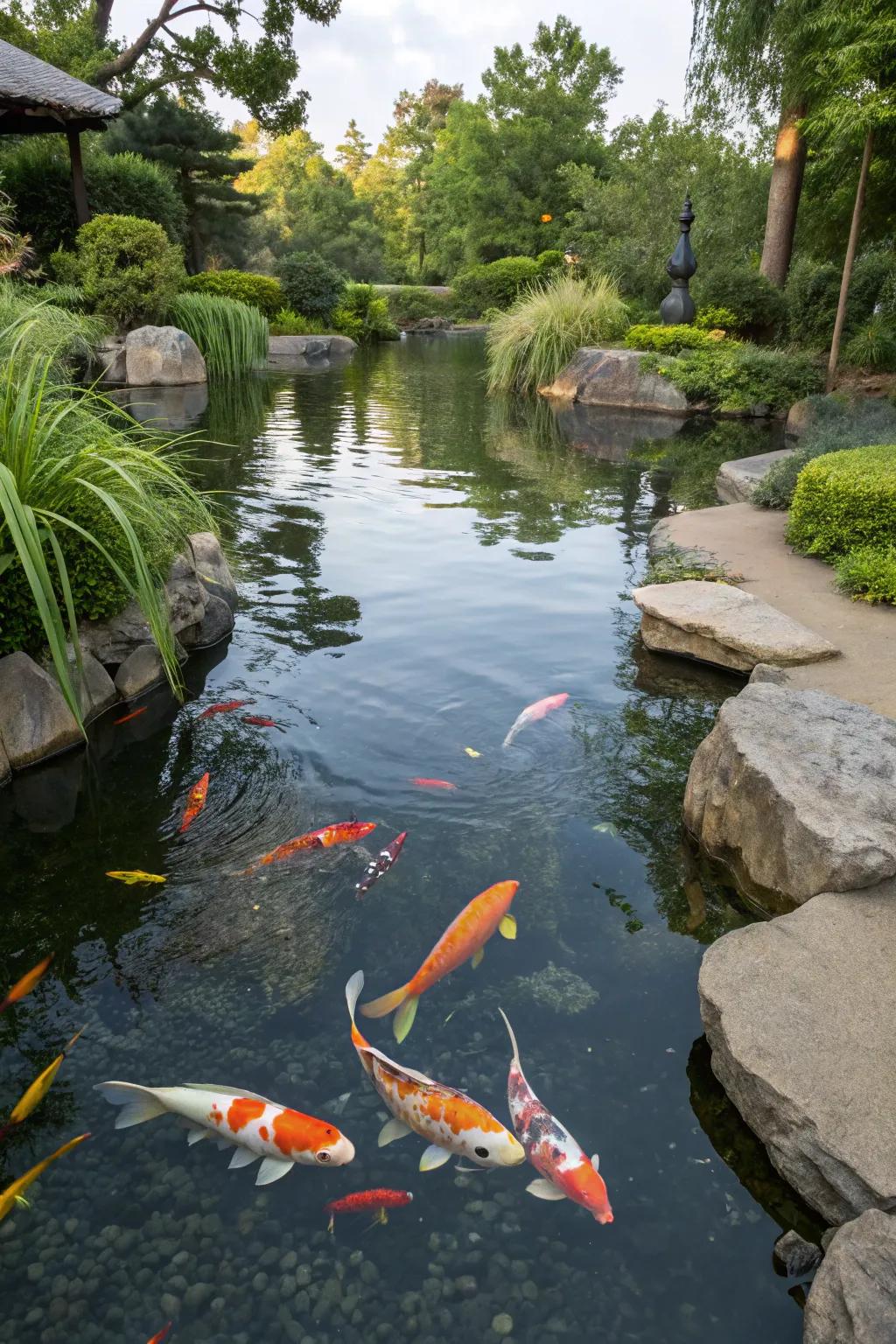 Colorful koi fish bring life and vibrancy to the pond.