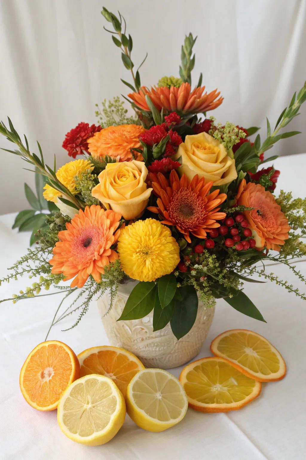 A revitalizing centerpiece comprising floral assemblages alongside citrus fruits.